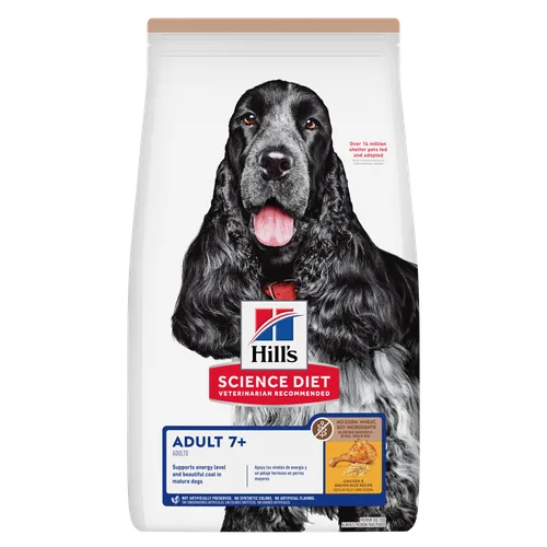 Adult 7+ No Corn, Wheat, Soy Chicken & Brown Rice Recipe Dog Food package