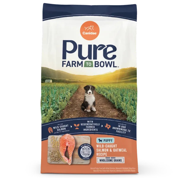 Pure Farm To Bowl Puppy Wild-Caught Salmon & Oatmeal Recipe package