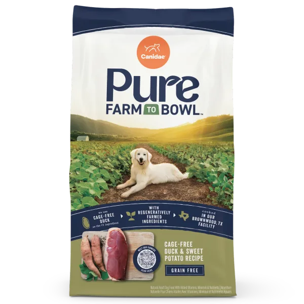 Pure Farm To Bowl Cage-Free Duck & Sweet Potato Grain Free Recipe package