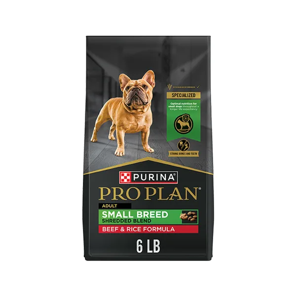 Purina Pro Plan Small Breed Dry Dog Food, Shredded Blend Beef and Rice Formula With Live Probiotics package