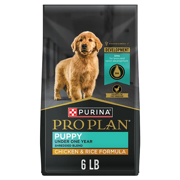 Purina Pro Plan High Protein Dry Puppy Food Shredded Blend Chicken & Rice Formula package