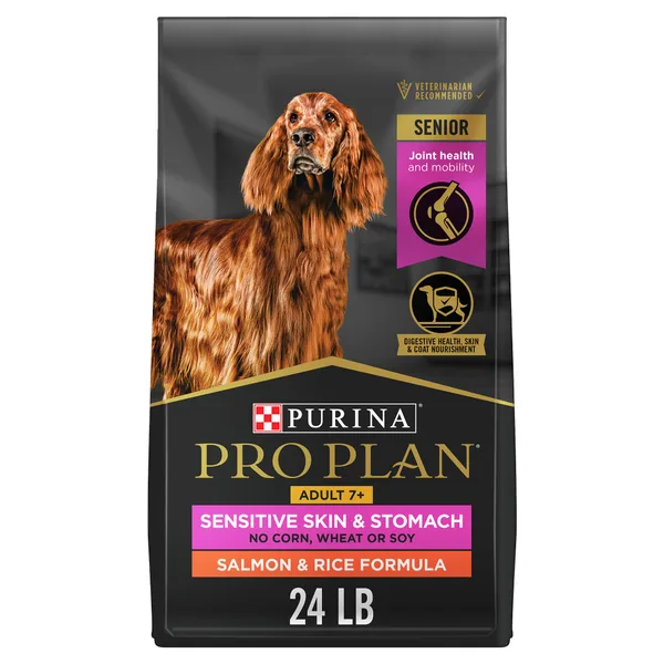 Purina Pro Plan Sensitive Skin and Stomach Dry Dog Food Senior Adult 7+ Salmon and Rice Formula package