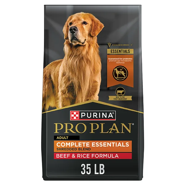 Purina Pro Plan Complete Essentials Shredded Blend Beef and Rice Dry Dog Food Formula package