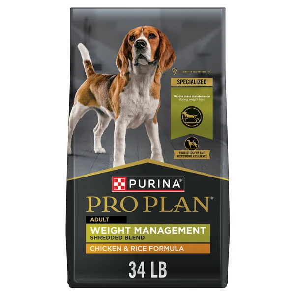 Purina Pro Plan Weight Management Dry Dog Food, Shredded Blend Chicken and Rice Formula package