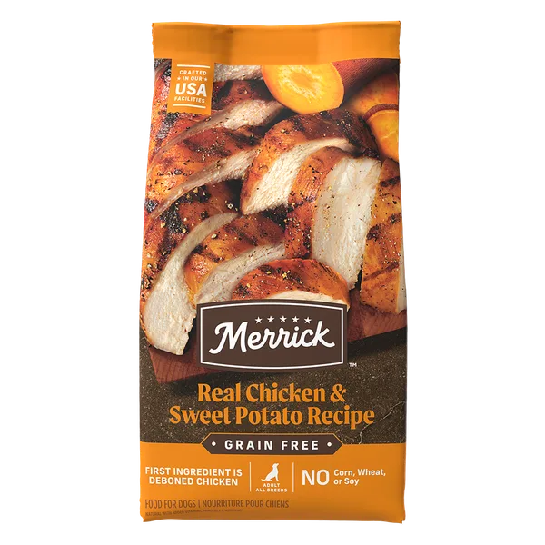 Merrick Premium Grain Free Dry Adult Dog Food, Wholesome And Natural Kibble With Real Chicken And Sweet Potato package