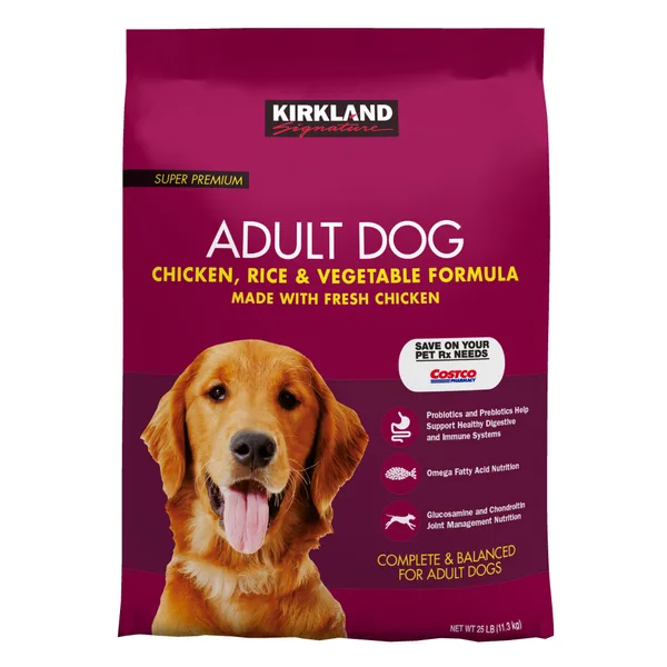 Kirkland Signature Adult Formula Chicken, Rice and Vegetable Dog Food package