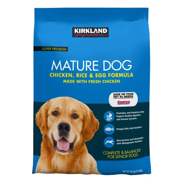 Kirkland Signature Mature Formula Chicken, Rice and Egg Dog Food package