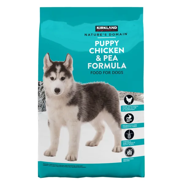 Kirkland Signature Nature's Domain Puppy Formula Chicken & Pea Dog Food package