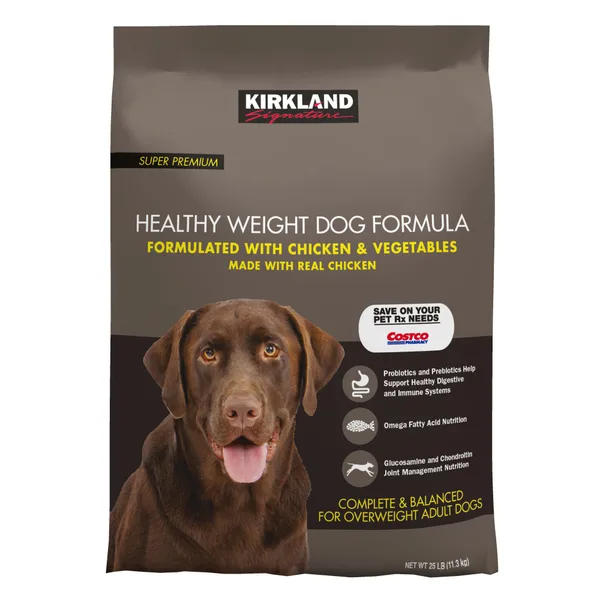 Kirkland Signature Healthy Weight Formula Chicken and Vegetable Dog Food package