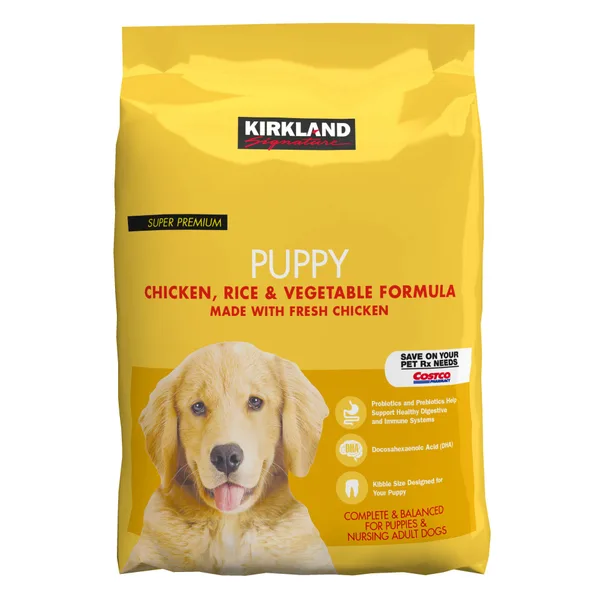 Kirkland Signature Puppy Formula Chicken, Rice and Vegetable Dog Food package