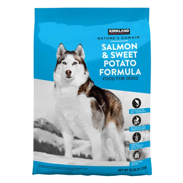Kirkland Signature Nature's Domain Salmon and Sweet Potato Formula Dog Food package
