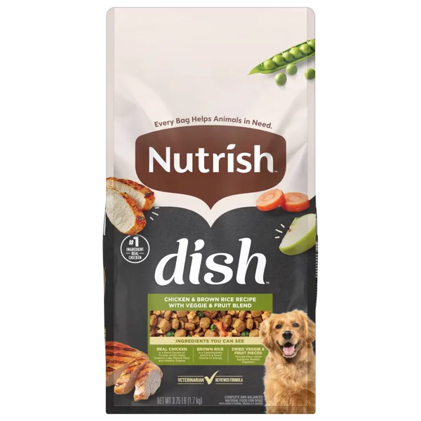 Rachael Ray® Nutrish™ Dish™ Chicken & Brown Rice Recipe with Veggie & Fruit Blend Dry Dog Food package